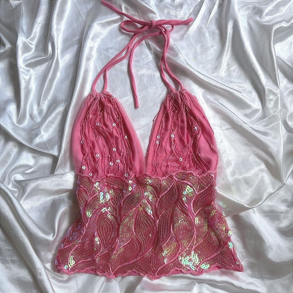 y2k Sabora Sequin Halter Top Pink Fringe Iridescent Party Festival M